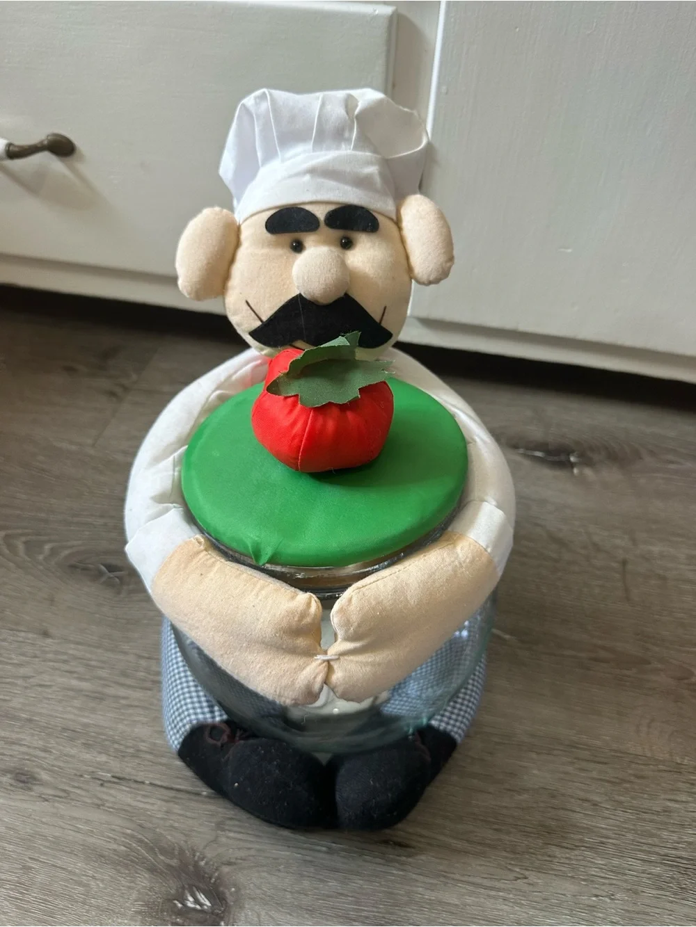 Chef Doll Glass Storage Jar with Red Tomato Lid Accent